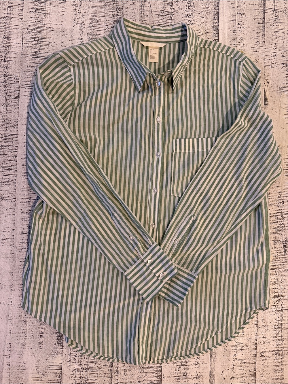 H&M Green and White Striped Button-Down Shirt